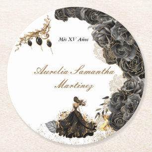 Porta-copo De Papel Redondo Autocolante negro e Dourado Quinceañera