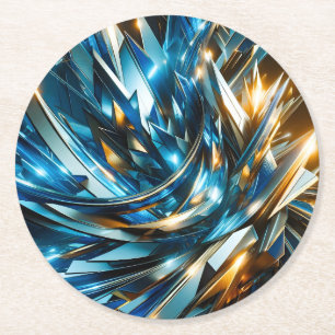Porta-copo De Papel Redondo Azul Dourado Futurista Abstrato Metálico Geométric