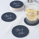 Porta-copo De Papel Redondo Azul Marinho | Casamento de Script Manuscrito Mode<br><div class="desc">Projetado para combinar com nossos convites de casamento de Script Manuscrito Moderno. Uma bela design baseada em tipografia com um toque minimalista,  com seus nomes em modernos escritos à mão sobre um fundo azul marinho.</div>
