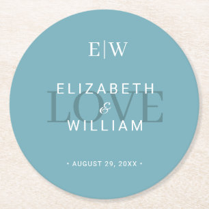 Porta-copo De Papel Redondo Azul Retro Simples Elegante com Casamento Monogram