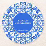 Porta-copo De Papel Redondo Azul Talavera azulejos espanhóis monograma favor d<br><div class="desc">Azulejo Talavera Espanhol azulejos mexicanos elegantes favores de casamento monogramas portas copos impressas personalizadas,  cores vibrantes negrito recepção de casamento decoração personalizada presentes de casamento portas copos de casamento</div>