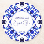 Porta-copo De Papel Redondo Azulejos azuis de Talavera favores do chá de panel<br><div class="desc">Azulejos azulejo Talavera azulejo vintage monograma do chá de panela mexicano papel impresso modelo,  azulejo azul mediterrânico azulejos Maiolica azul Padrão azulejos gregos chás de panela portas copos gregos porta copos tableware personalizado chá de panela mesa decoração,  que também pode ser como favores chá de panela</div>