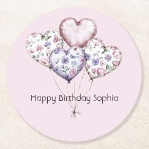 Porta-copo De Papel Redondo Balões de Coração Floral Rosa Lavanda Aniversário