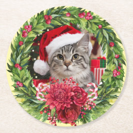 Porta-copo De Papel Redondo Bandeja de Natal com Gato Malhado
