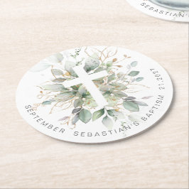 Porta-copo De Papel Redondo Batismo Dourado Verde