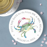 Porta-copo De Papel Redondo Beach Wedding Blue Crab Salve a data<br><div class="desc">Casamento de praia, exceto a data em que as portas copos foram desenhadas usando uma réplica do meu caranguejo azul-aquarela original em tons de azul-oceano, vermelhos e verdes. Personalize com seu destino ou detalhes do casamento costeiro. Para ver mais favores de casamento de praia tropical e decoração de festas visite...</div>