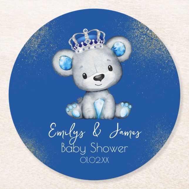 Porta-copo De Papel Redondo Bear Chá de fraldas Prince Sparkly Blue Boys (Frente)