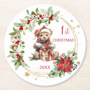 Porta-copo De Papel Redondo Bear Poinsettia Foliage Bebê Primeiro Natal