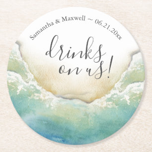 Porta-copo De Papel Redondo Bebidas Personalizadas para Casamento na Praia à B