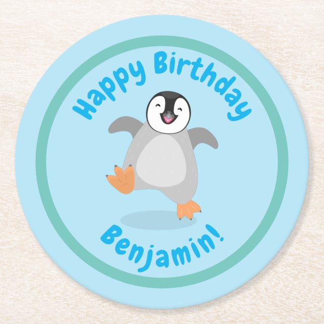 Porta-copo De Papel Redondo Bela animação de pinguins feliz e esperto bebê (Frente)