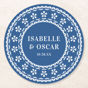 Porta-copo De Papel Redondo Belo Ornamentado Papel Picado Casamento Azul