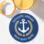 Porta-copo De Papel Redondo Bem-vindo a bordo Nome do Barco Anchor Dourado Mar<br><div class="desc">Um conjunto na moda náutico de portas copos de papel com temas de boas-vindas a bordo e seu nome de barco, nome de família ou outro texto desejado. Possui uma âncora de barco personalizada, com folhas de ouro estilo e uma estrela em azul clássico de marinho ou personalize facilmente a...</div>
