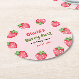 Porta-copo De Papel Redondo Berry First Birthday Strawberry primeiro aniversar