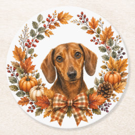 Porta-copo De Papel Redondo Bibelite de Coroa de Outono de Dachshund