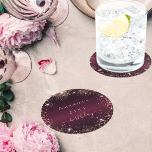Porta-copo De Papel Redondo Birthday Burgundy rosa gold name elegante