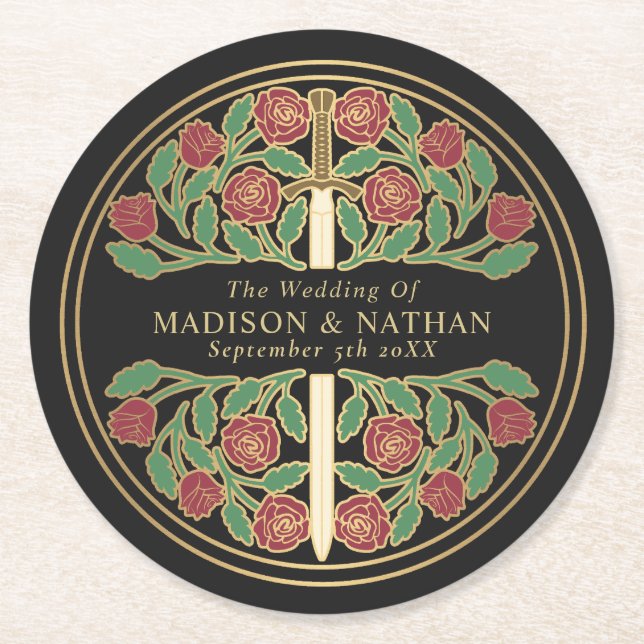 Porta-copo De Papel Redondo Black Royal Medieval Gold Sword Wedding (Frente)