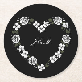 Porta-copo De Papel Redondo Black & White Floral Heart Wedding Paper Coasters