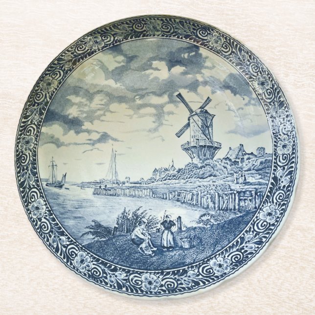 Porta-copo De Papel Redondo Blue Delft Windmill Placa Holandesa (Frente)