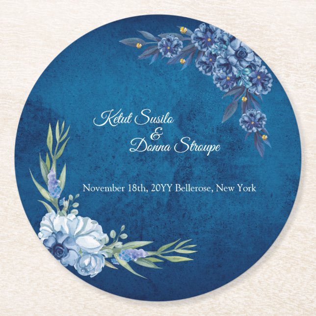 Porta-copo De Papel Redondo Blue Elegant floral summer wedding (Frente)