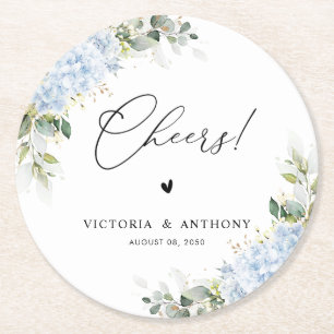 Porta-copo De Papel Redondo Blue Hydrangea Floral Wedding Cheers Apoio Redondo