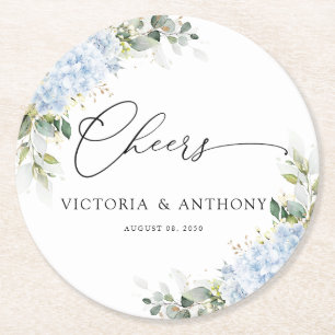 Porta-copo De Papel Redondo Blue Hydrangea Floral Wedding Cheers Apoio Redondo