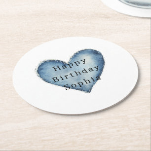 Porta-copo De Papel Redondo Blue Jean Denim Heart Birthday