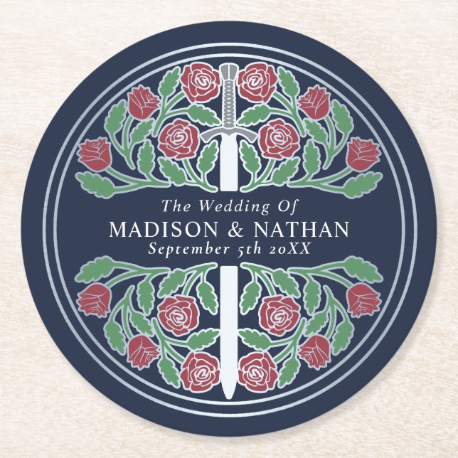 Porta-copo De Papel Redondo Blue Royal Medieval Silver Sword Wedding (Frente)