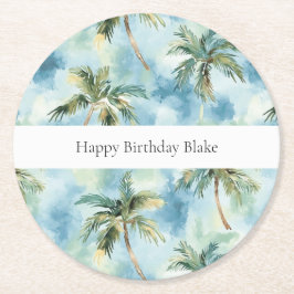Porta-copo De Papel Redondo Blue Skies Tropical Island Palm Trees Birthday