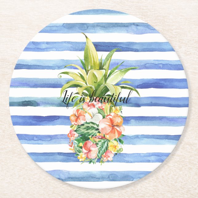 Porta-copo De Papel Redondo Blue White Stripes Tropical Floral Pineapple (Frente)