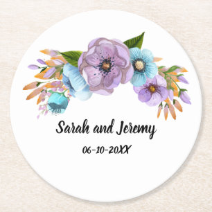 Porta-copo De Papel Redondo Boho Aquarela Floral Lilás & Verde Personalize