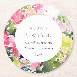 Porta-copo De Papel Redondo Boho Pink Green Tropical Bougainvillea Weding