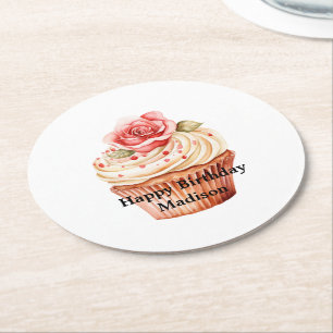 Porta-copo De Papel Redondo Bolo de Aniversário de Cupcake Rosa Chic Blush