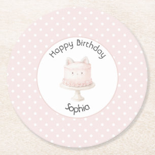 Porta-copo De Papel Redondo Bolo de Aniversário de Gatinho Cor-de-Rosa Fofo