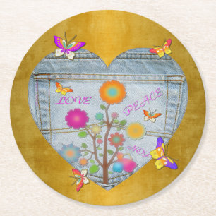 Porta-copo De Papel Redondo Bolsos de Jeans Coração Flores Borboletas