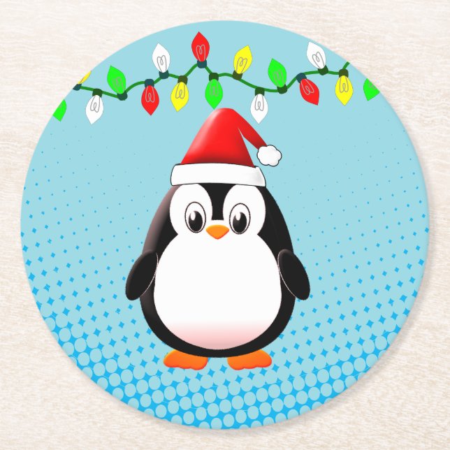 Porta-copo De Papel Redondo Bonita Cartoon Penguin Santa Hat Luzes de Natal (Frente)