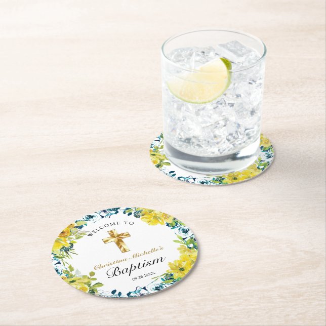 Porta-copo De Papel Redondo Bonito Batismo Dourado Floral Amarelo (Insitu)