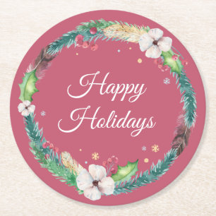 Porta-copo De Papel Redondo Bonito Boho Holiday Wreath