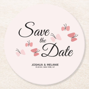 Porta-copo De Papel Redondo Borboletas Românticas Rosa Save the Dates  