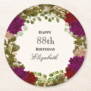 Porta-copo De Papel Redondo Borda Floral Elegante Aniversário de 88 anos Perso