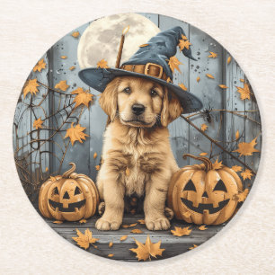 Porta-copo De Papel Redondo Bruxa de Halloween Cachorro Retriever Dourado Abób