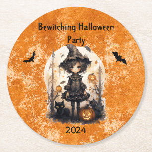 Porta-copo De Papel Redondo Bruxa do Halloween Whimsical e seus amigos felinos