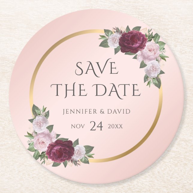 Porta-copo De Papel Redondo Burgundy Dourada Blush Wedes Salvar A Data (Frente)