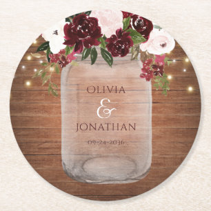Porta-copo De Papel Redondo Burgundy Floral Rustic Mason Jar Wedding