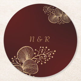 Porta-copo De Papel Redondo Burgundy & Gilded Floral Elegant Wedding