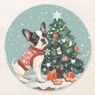 Porta-copo De Papel Redondo Cachorro Boston Terrier de Natal