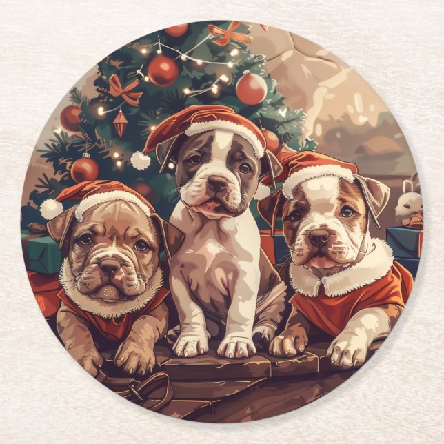 Porta-copo De Papel Redondo Cães de Cachorro Pit Bull de Natal (Frente)