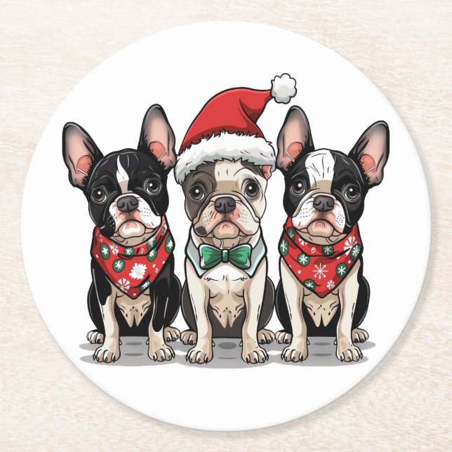 Porta-copo De Papel Redondo Cães de Natal em Boston Terrier (Frente)