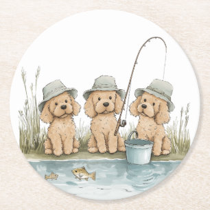 Porta-copo De Papel Redondo Cães Goldendoodle Pescando