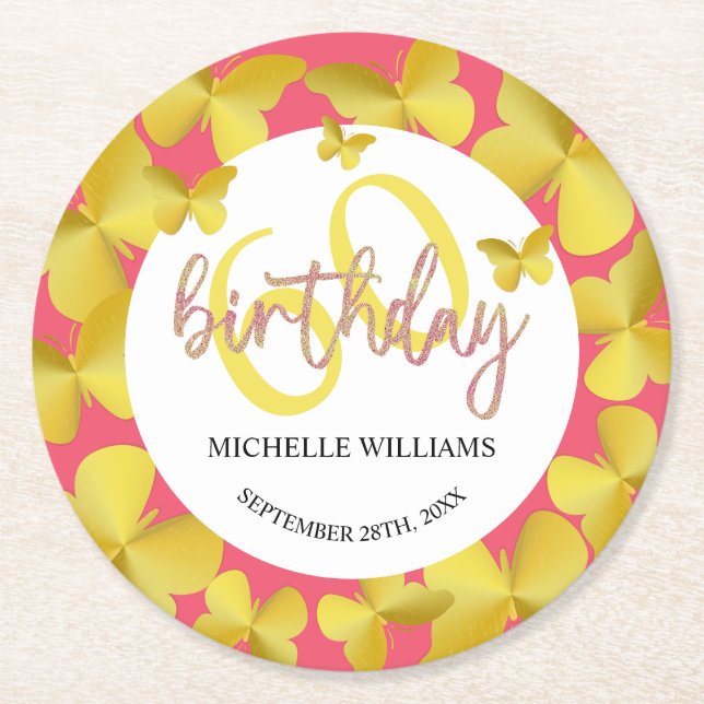 Porta-copo De Papel Redondo Caligrafia Dourada à borboleta Elegante (Frente)