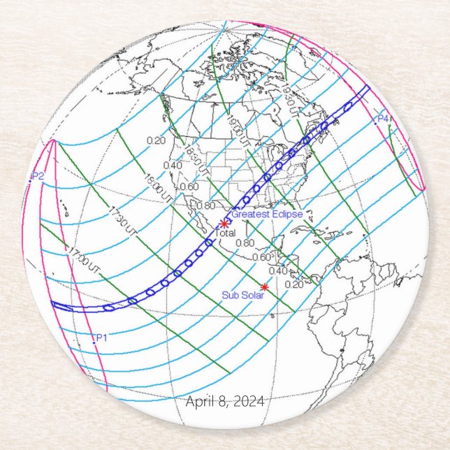 Porta-copo De Papel Redondo Caminho Global do Eclipse Solar 2024 (Frente)